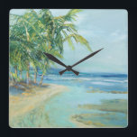 Blauwe kuststrook vierkante klok<br><div class="desc">"Blue Coastal Lagoon" van Suzanne Wilkins. Het is een serene strand met tropische bomen.</div>