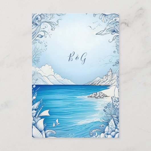 Blauwe kustvibe bruidsbehuizing kaart (Achterkant)