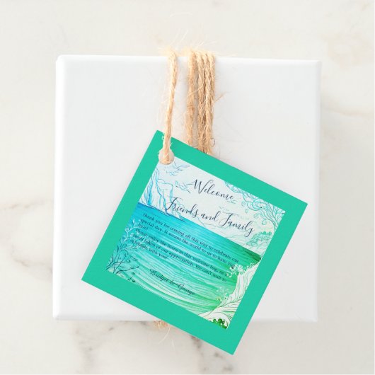 blauwe kustvibe bruiloft bedankjes labels (In situ)
