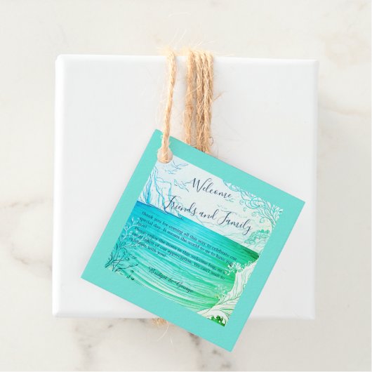 blauwe kustvibe bruiloft bedankjes labels (In situ)