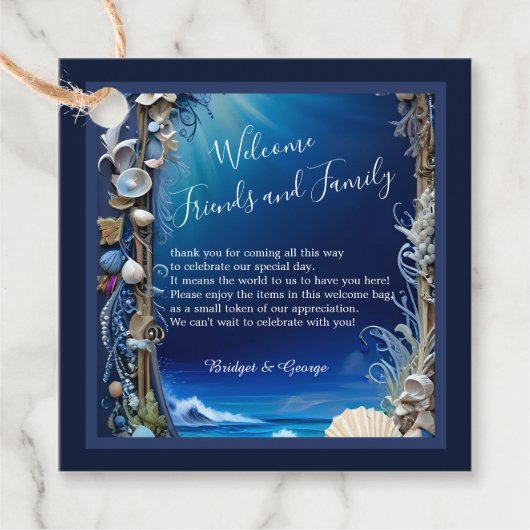 blauwe kustvibe bruiloft bedankjes labels (Voorkant)