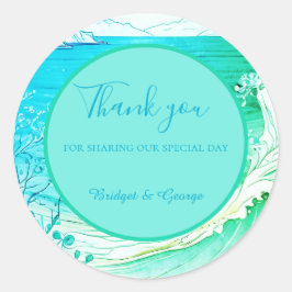 blauwe kustvibe bruiloft ronde sticker