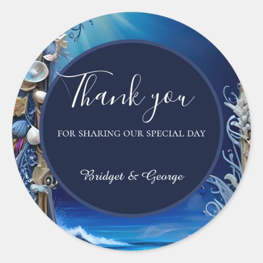 blauwe kustvibe bruiloft ronde sticker (Voorkant)