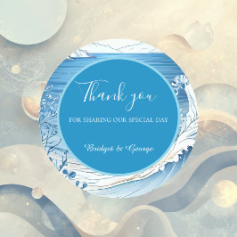 blauwe kustvibe bruiloft ronde sticker