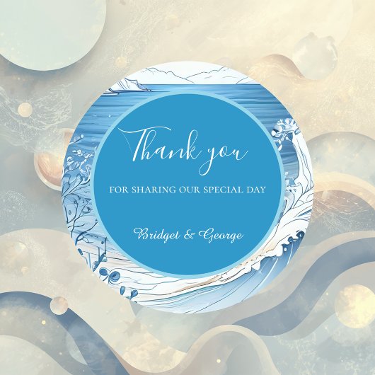 blauwe kustvibe bruiloft ronde sticker