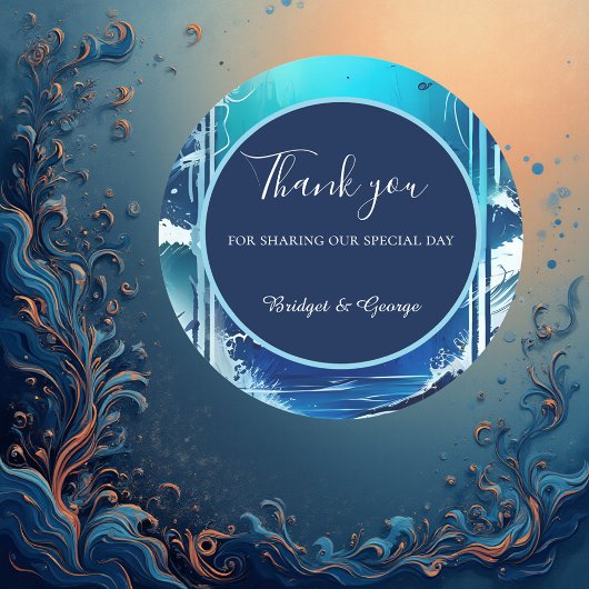 blauwe kustvibe bruiloft ronde sticker