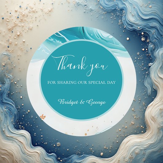 blauwe kustvibe bruiloft ronde sticker