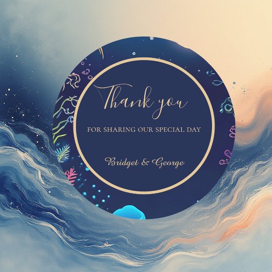 blauwe kustvibe bruiloft ronde sticker