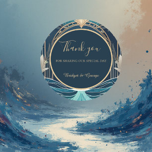 blauwe kustvibe bruiloft ronde sticker