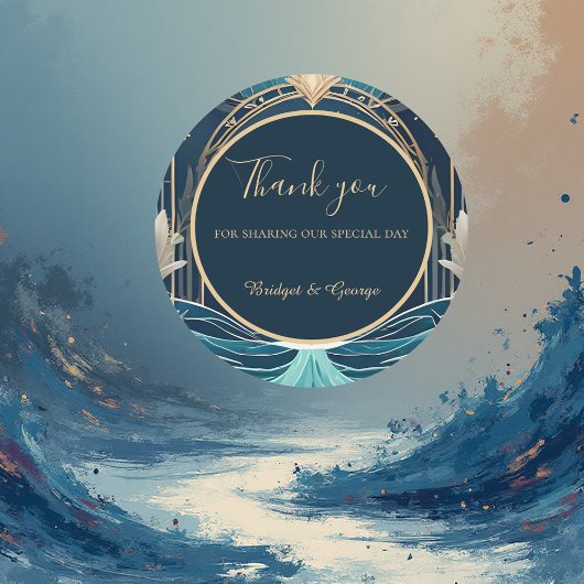 blauwe kustvibe bruiloft ronde sticker