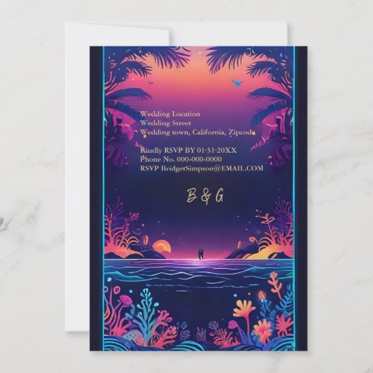 blauwe kustvibe bruiloft uitnodiging (Achterkant)