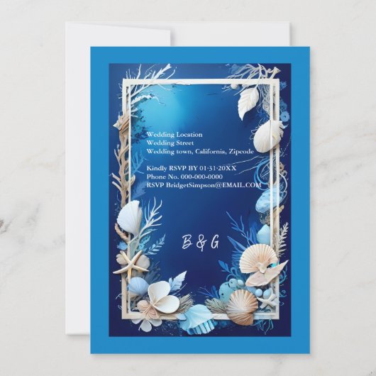 blauwe kustvibe bruiloft uitnodiging (Achterkant)