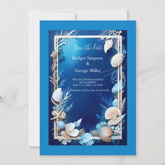 blauwe kustvibe bruiloft uitnodiging (Voorkant)