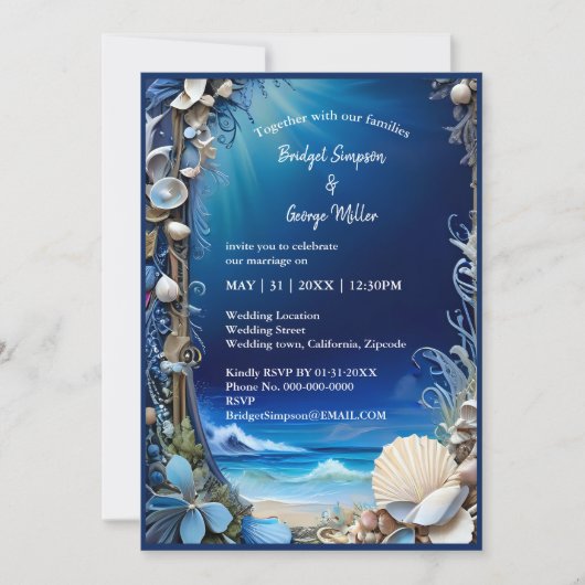 blauwe kustvibe bruiloft uitnodiging (Voorkant)