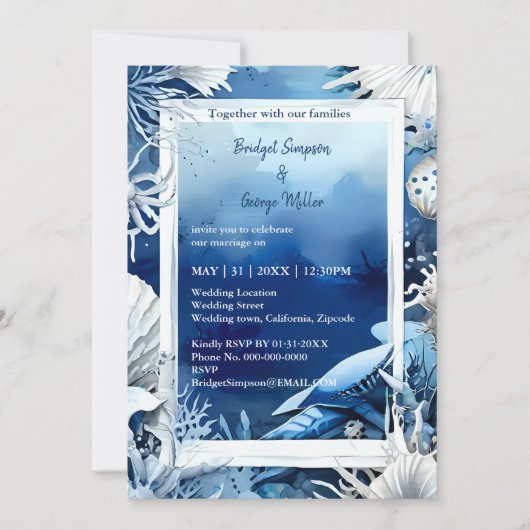 blauwe kustvibe bruiloft uitnodiging (Voorkant)