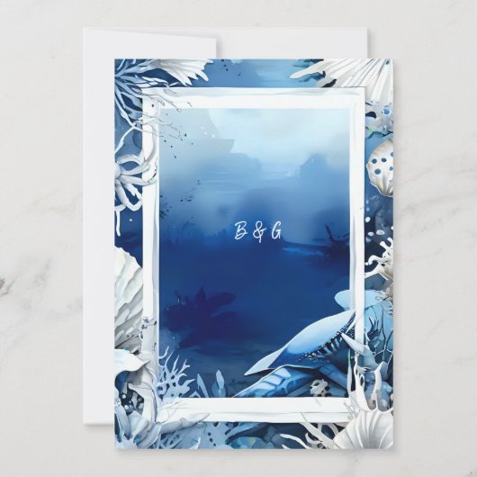 blauwe kustvibe bruiloft uitnodiging (Achterkant)