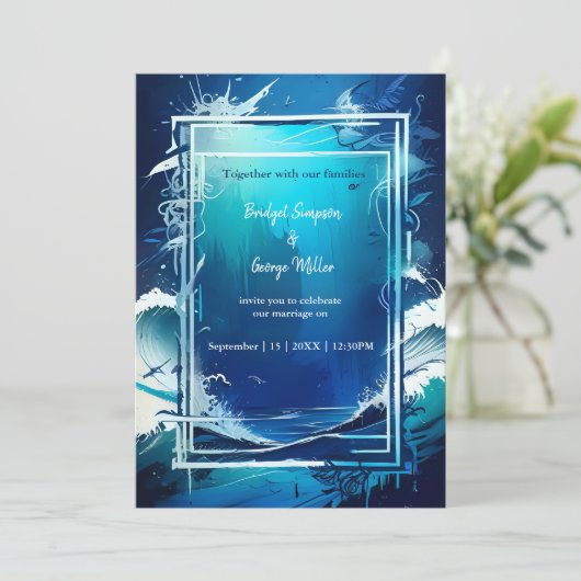 blauwe kustvibe bruiloft uitnodiging (Staand voorkant)