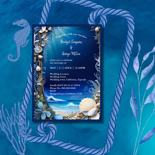 blauwe kustvibe bruiloft uitnodiging