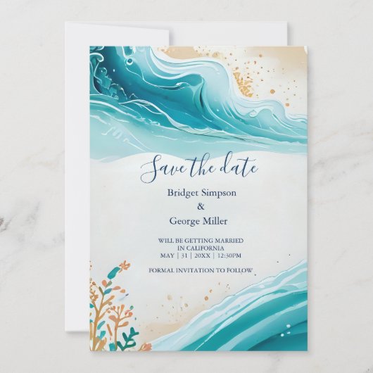 blauwe kustvibe bruiloft veilig de datum Uitnodigi Kaart (Voorkant)