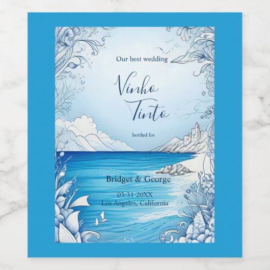 blauwe kustvibe bruiloft wijn etiket (Enkel label)