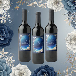 blauwe kustvibe bruiloft wijn etiket