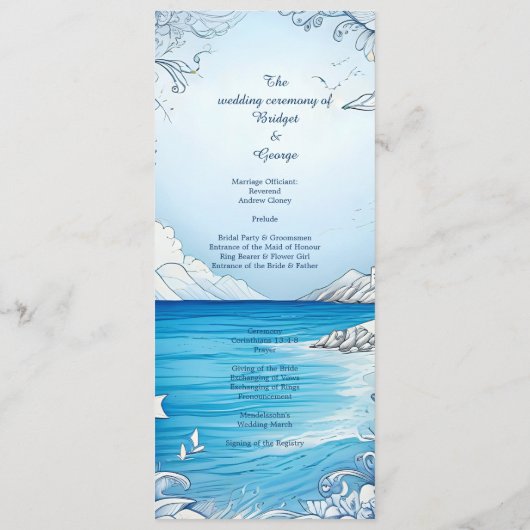 Blauwe kustvibe huwelijksprogramma & menu (Achterkant)