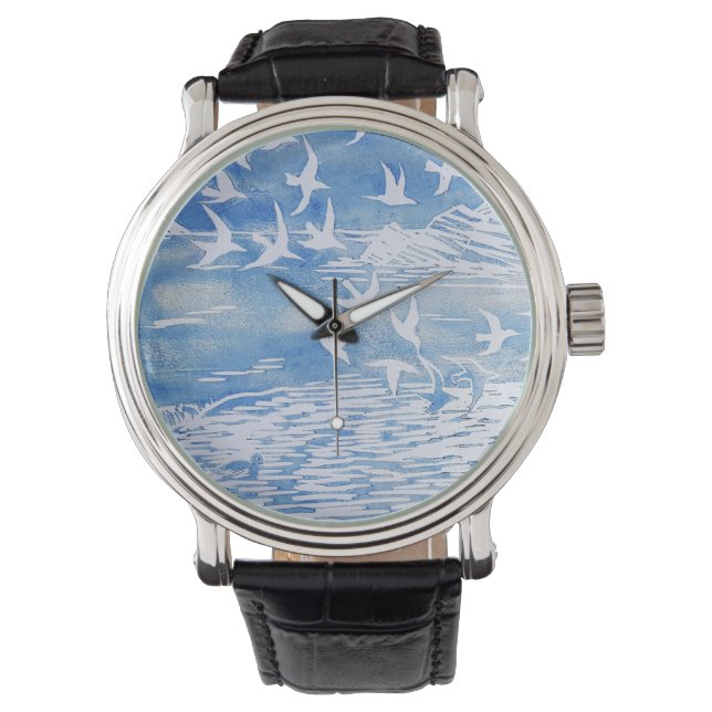 Blauwe kustvogels Moderne Waterverf Art Horloge (Voorkant)