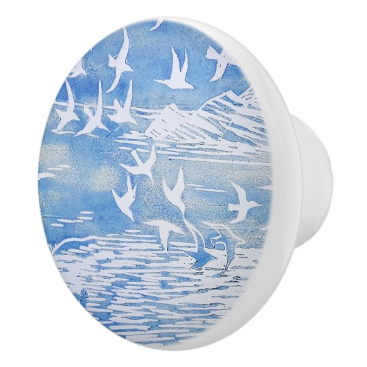 Blauwe kustvogels Moderne Waterverf Art Keramische Knop (Rechts)