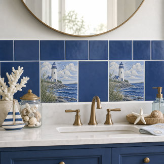Blauwe kustvuurtoren nautische decoratie tegeltje