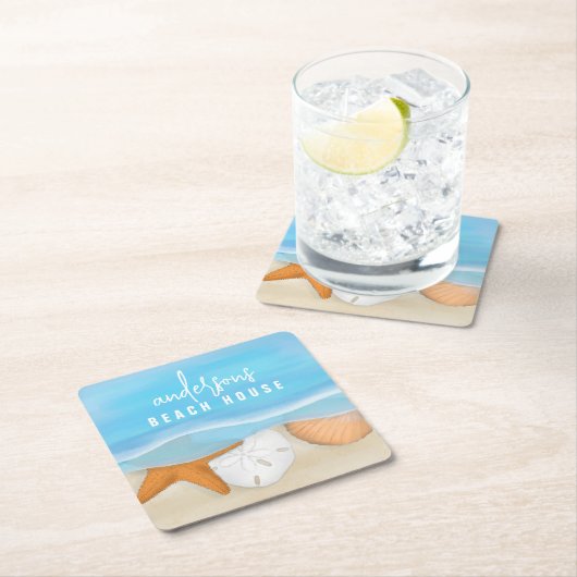 Blauwe kustzeekust Whimsical Ocean Seashells Kartonnen Onderzetters (Insitu)