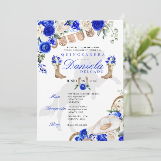 Blauwe laarzen & Rozen Papel Picado Quinceañera Kaart (Staand voorkant)