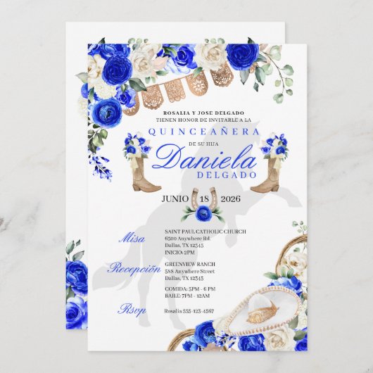 Blauwe laarzen & Rozen Papel Picado Quinceañera Kaart (Voorkant / Achterkant)