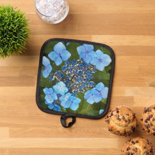 Blauwe Lacecap Hydrangea Bloom Floral Pannenlap (Top down)