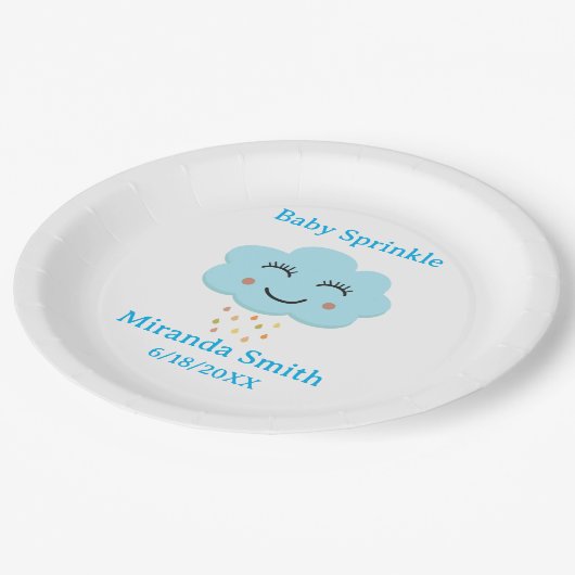 Blauwe lachende wolk regendruppels baby strooien papieren bordje (Gekanteld)