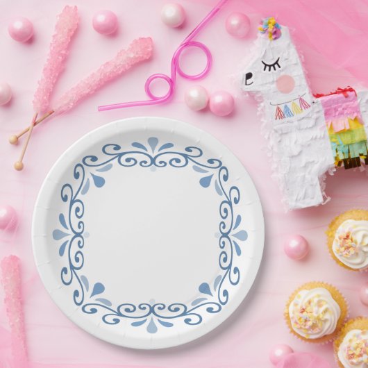 Blauwe lacy scroll papieren bordje (Feest)