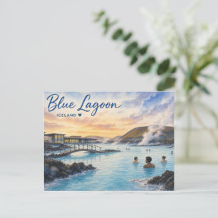 Blauwe Lagune IJsland thermisch bad aquarel Feestdagenkaart