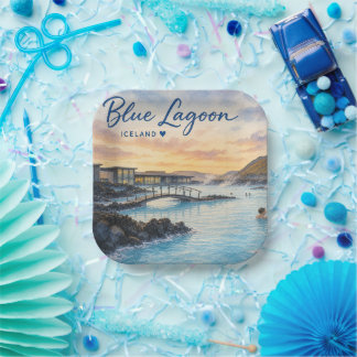 Blauwe Lagune IJsland thermisch bad aquarel Papieren Bordje