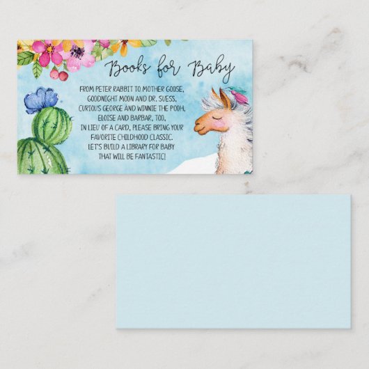 Blauwe lama- en cactus-boeken voor Baby-lakens Informatiekaartje (Voorkant / Achterkant)