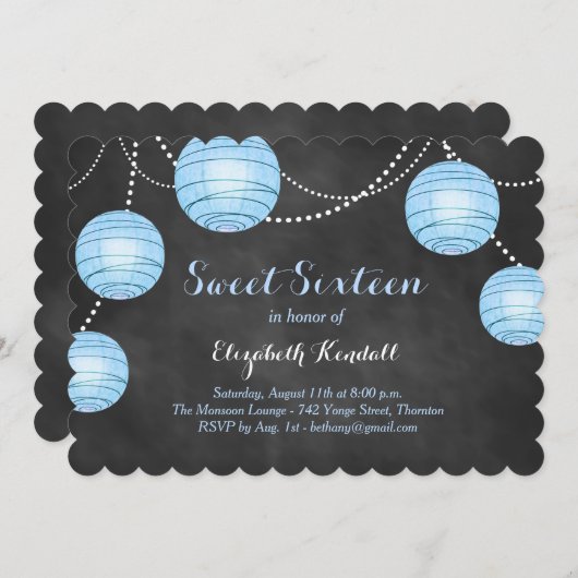 Blauwe lampions op uitnodiging van Chalk Sweet Six (Voorkant / Achterkant)