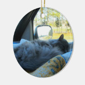 Blauwe langshaarkop in de auto keramisch ornament (Links)