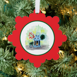 Blauwe lantaarn kerst met kaars  ornament kaart