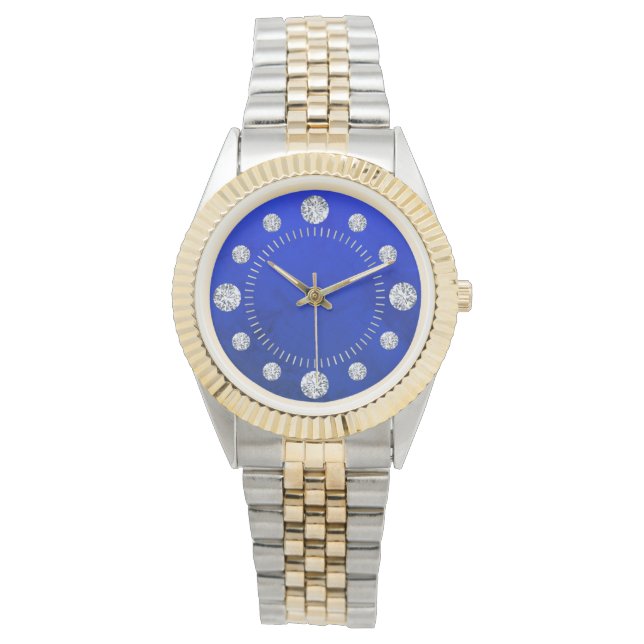 Blauwe Lapis Diamant Solitaire Dial Steel Gold Horloge (Voorkant)