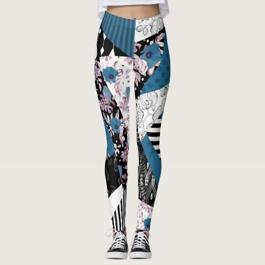 Blauwe lappendeken, populair, patchwork, folk, rus leggings (Voorkant)