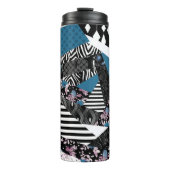 Blauwe lappendeken, populair, patchwork, folk, rus thermosbeker (Voorkant)