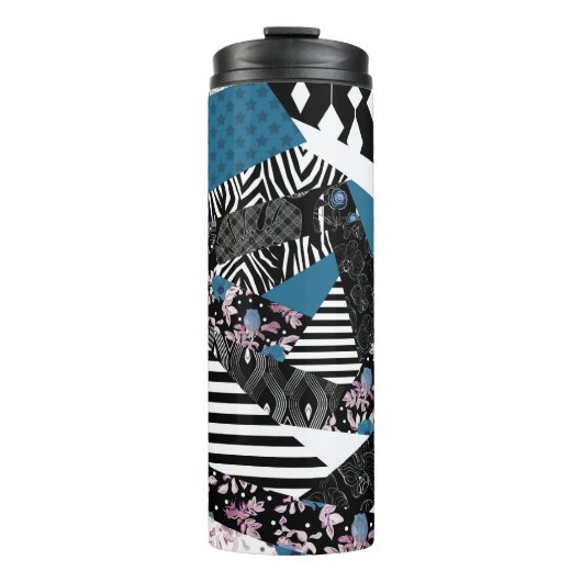 Blauwe lappendeken, populair, patchwork, folk, rus thermosbeker (Voorkant)