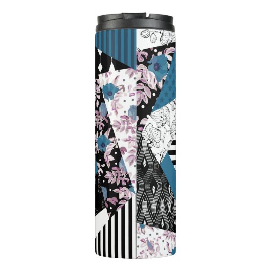 Blauwe lappendeken, populair, patchwork, folk, rus thermosbeker (Achterkant)