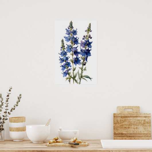 Blauwe Larkspur Bloemenkunst Print Poster (Keuken)