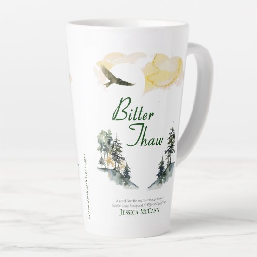 Blauwe latte mok met Bitter Thaw boekomslag (Rechterhoek)