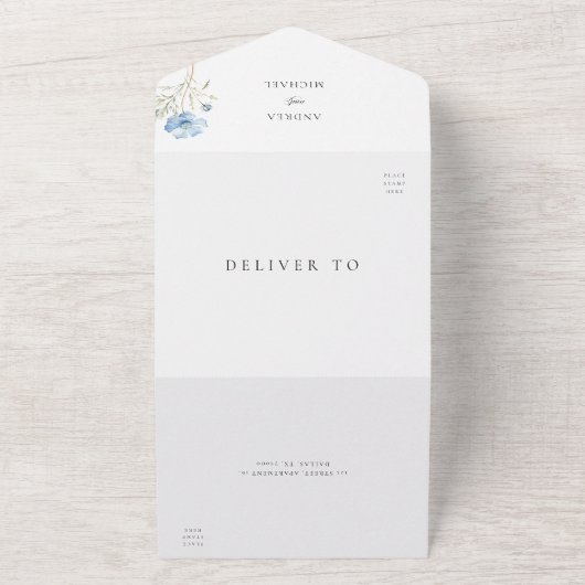 Blauwe Lavendel Bloemen Waterverf Lente Huwelijk All In One Uitnodiging (Buitenkant)