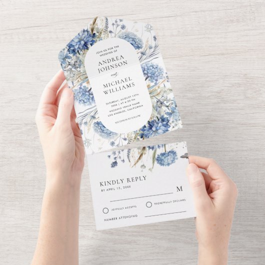 Blauwe Lavendel Bloemen Waterverf Lente Huwelijk All In One Uitnodiging (Afscheurbaar)